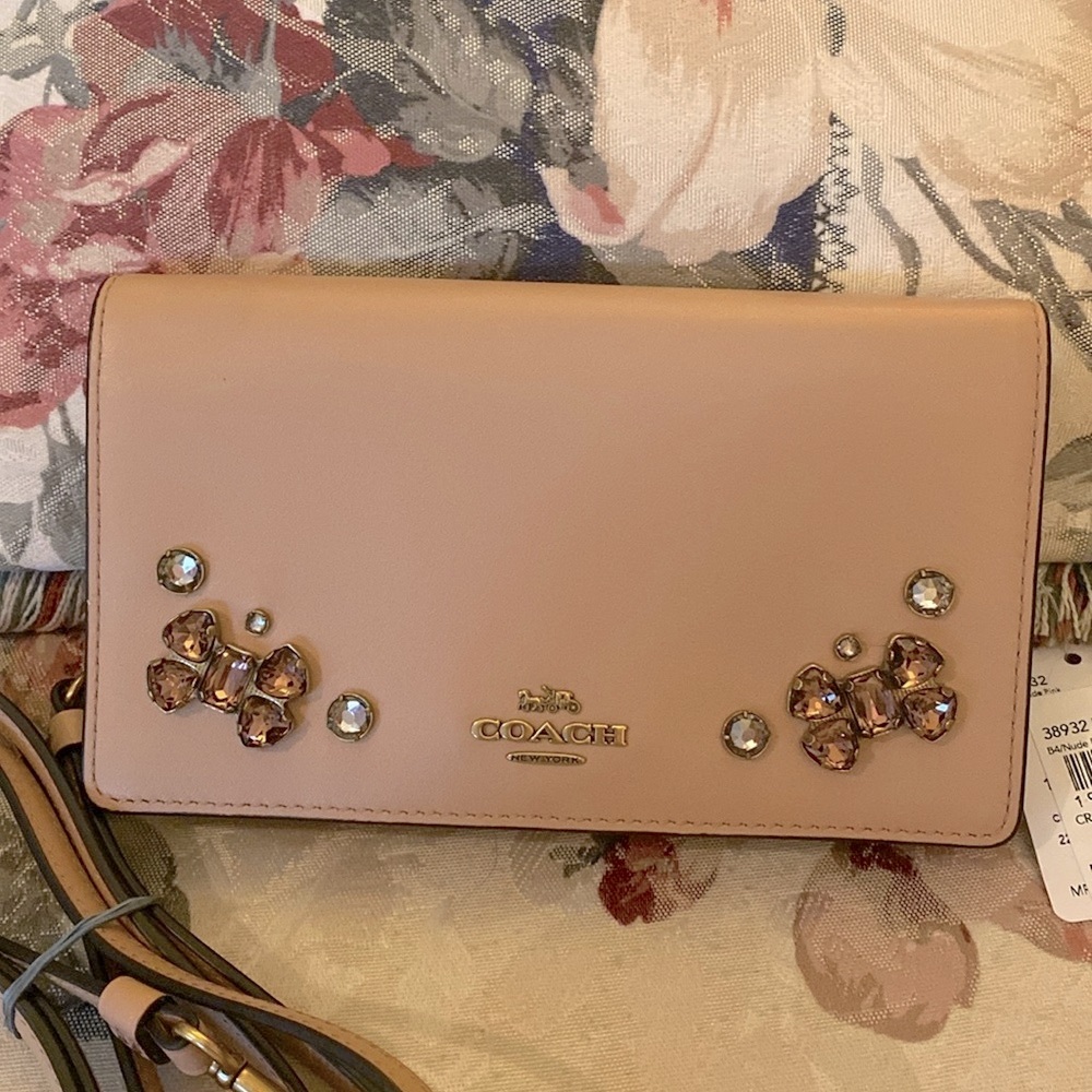 COACH CROSSBODY CRYSTAL 
& LEATHER WALLET & SLIM PHONE CASE. NWT - Picture 2 of 8